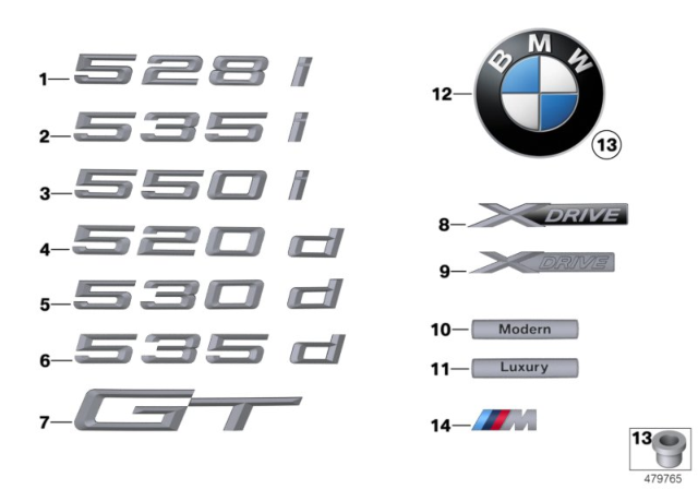 2013 BMW 550i GT Emblems / Letterings Diagram