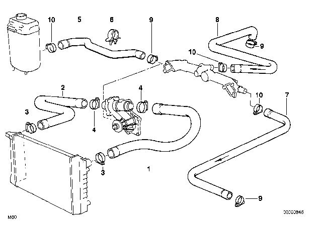 1995 BMW 740i Cooling System - Water Hoses Diagram