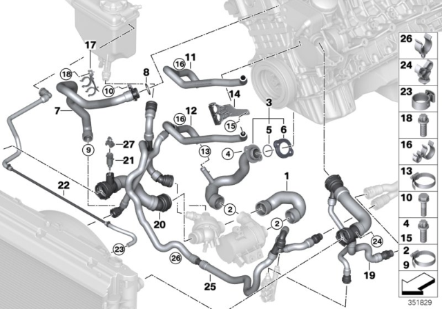 2007 BMW 530xi Engine Feed Radiator Upper Hose Diagram for 17127546064