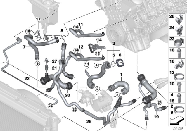 2007 BMW 530xi Water Hose Thermostat Inlet Tube Diagram for 11537519494