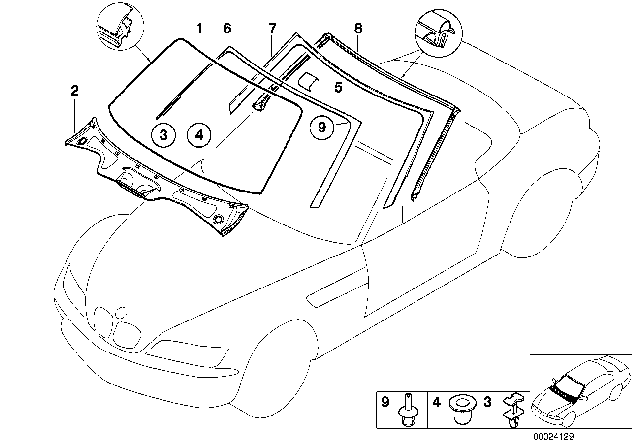 2001 BMW Z3 Glazing, Mounting Parts Diagram