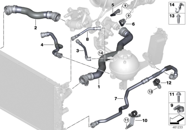 2018 BMW 540d xDrive Cooling System Coolant Hoses Diagram