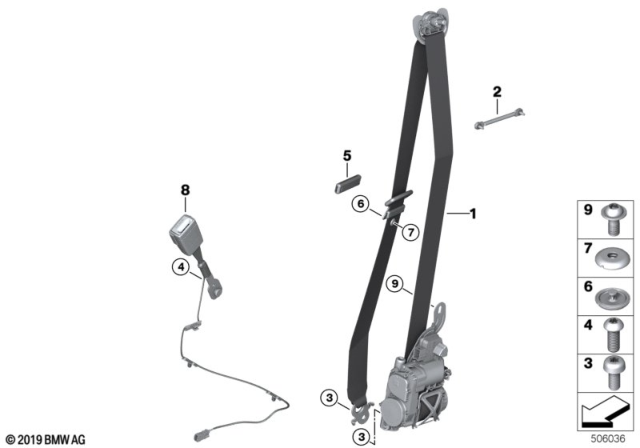 2017 BMW 540i Seat Belt REMA, Front Diagram