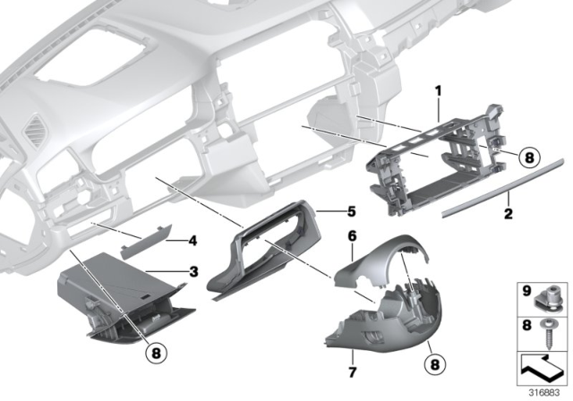 2016 BMW 528i Mounting Parts, Instrument Panel Diagram 1