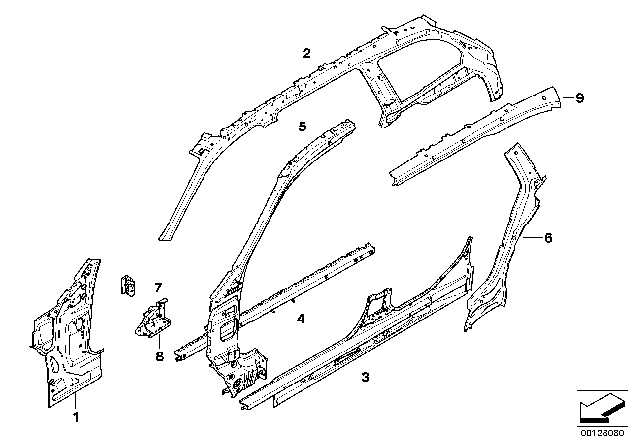 2009 BMW 535i xDrive Right Interior Roof Frame Diagram for 41217129412