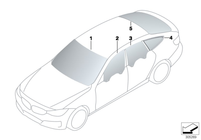 2019 BMW 330i GT xDrive Glazing Diagram