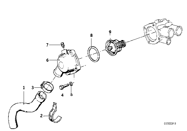 1984 BMW 733i Cooling System - Thermostat / Water Hoses Diagram 1