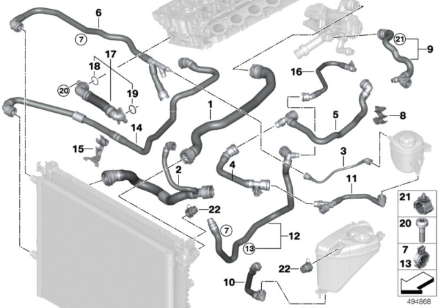 2020 BMW 745e xDrive Cooling System Coolant Hoses Diagram