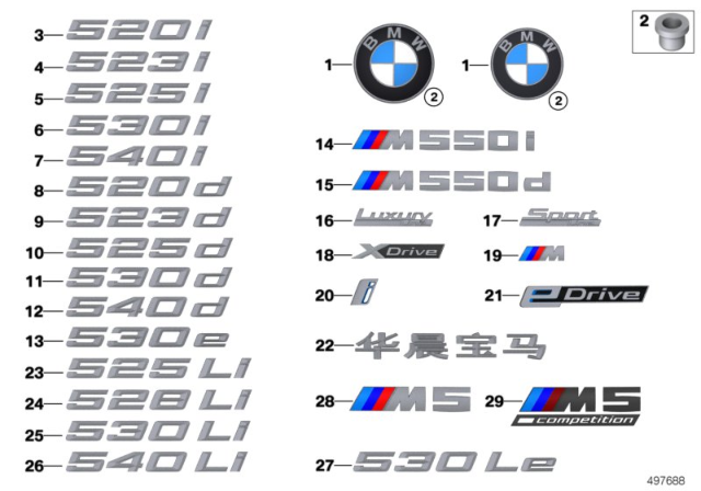 2020 BMW 530e Front Bumper Emblem Diagram for 51147463684
