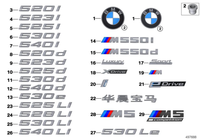 2020 BMW 530i xDrive Emblem Diagram for 51147418521