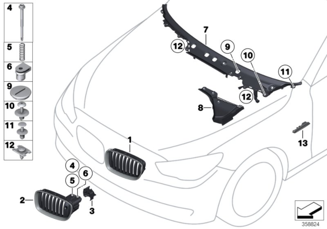 2013 BMW 550i GT xDrive Grille, Front, Right Diagram for 51137202110