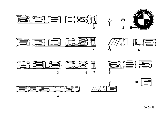 1983 BMW 633CSi Emblems / Letterings Diagram