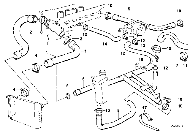 1997 BMW M3 Cooling System - Water Hoses Diagram