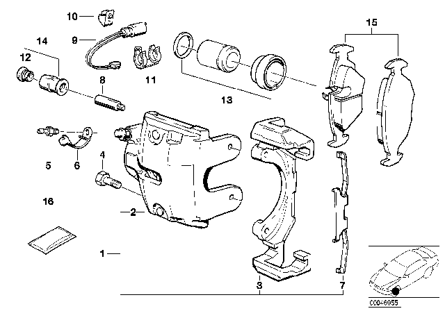 1992 BMW 525i Front Wheel Brake, Brake Pad Sensor Diagram