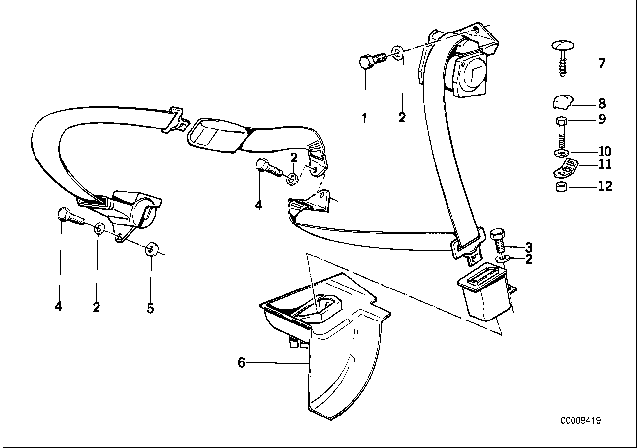 1988 BMW 735iL Rear Safety Belt Mounting Parts Diagram