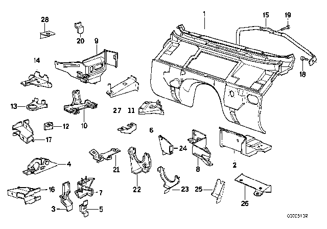 1992 BMW 525i Splash Wall Parts Diagram