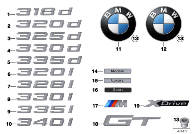 2017 BMW 340i GT xDrive Hatchback Lettering Diagram for 51147423946
