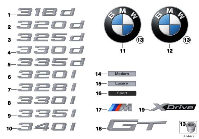 2018 BMW 330i GT xDrive Emblems / Letterings Diagram