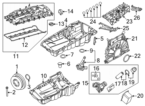 2022 BMW Z4 Engine Parts, Mounts, Cylinder Head & Valves, Camshaft & Timing, Variable Valve Timing, Oil Cooler, Oil Pan, Oil Pump, Adapter Housing, Balance Shafts, Crankshaft & Bearings, Pistons, Rings & Bearings Diagram 2