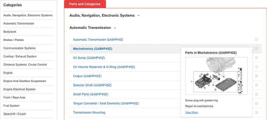 How to find a part from the categories displayed?